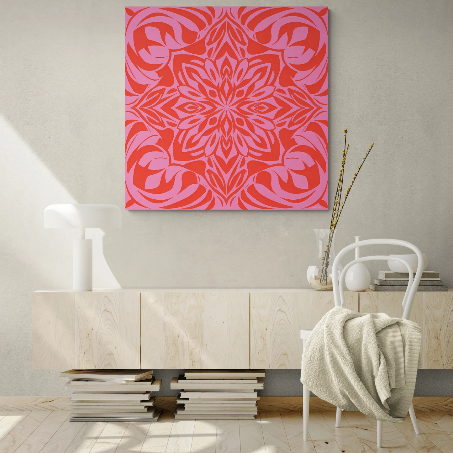 Canvas Wall Art, Pink and Orange Boho Design, Feminine Home Decor, Square, Stretched, 1 25" Matte Canvas, Bohemian Chic, Artwork Print,