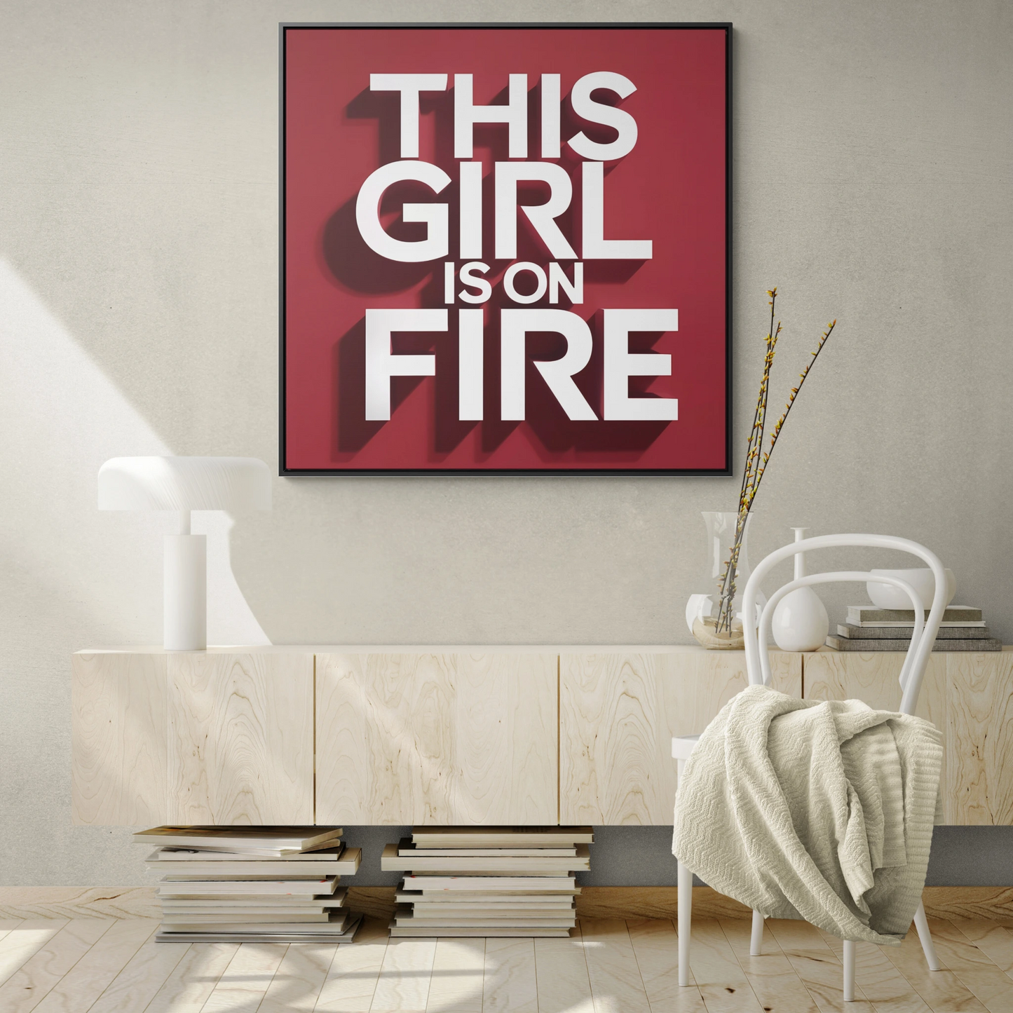 Canvas Wall Art, Female Empowerment Decor, Typography Square Frame, This Girl is on Fire, Trendy Red and White Home Decor, Gallery Wrap