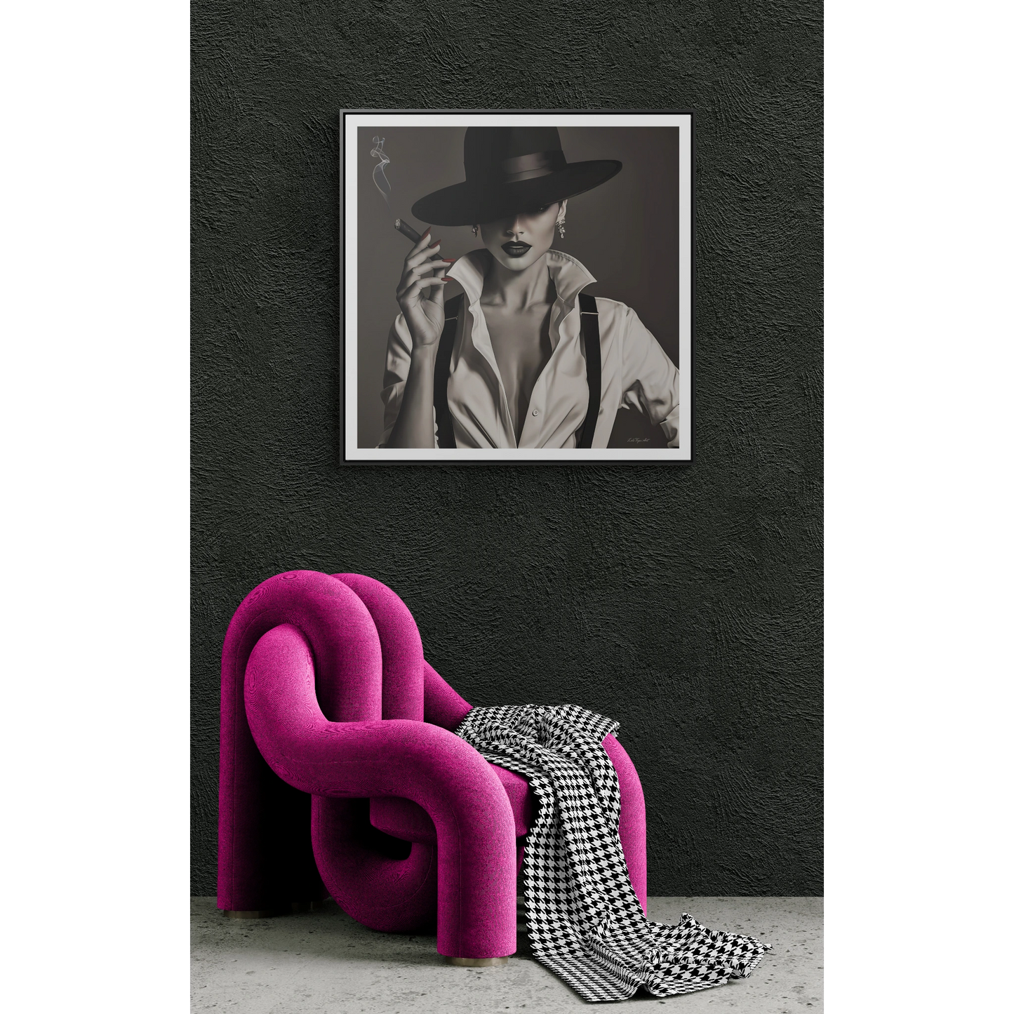 Film Noir Woman Canvas Art, Square Frame, Sexy Black White Femme Fatale Fedora Hat Cigar, Wall Hanging Poster Print, Home Decor Gift,