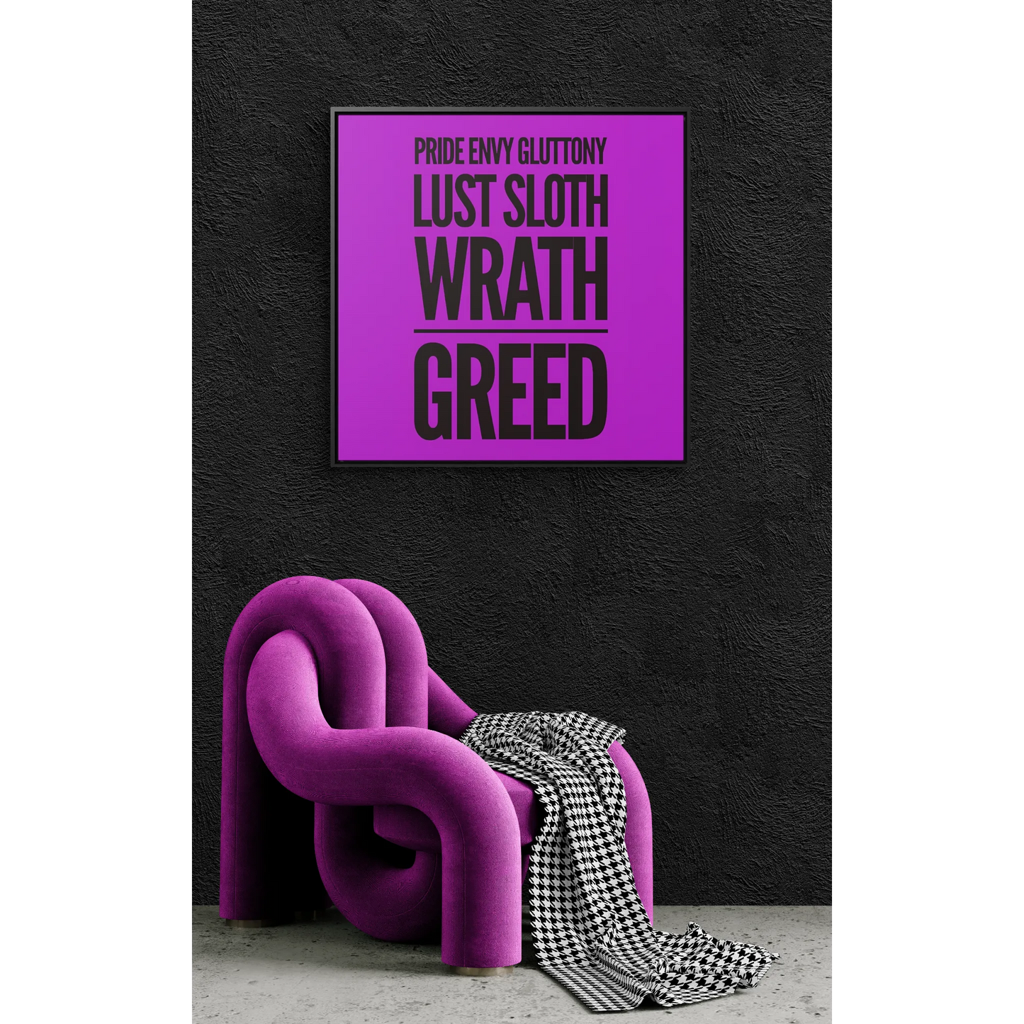 Square Frame Wall Art Canvas, Typography 7 Deadly Sins Magenta Background, Cool Statement Piece, Gallery Canvas Wrap Print, Home Decor