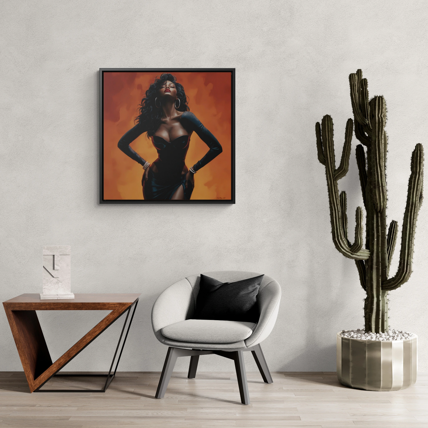 Sun Goddess Square Framed Canvas Wall Art, Orange, Black Girl Magic, African American Art Decor, Ethnic Home Decor, Sexy, Neo Soul, Feminine