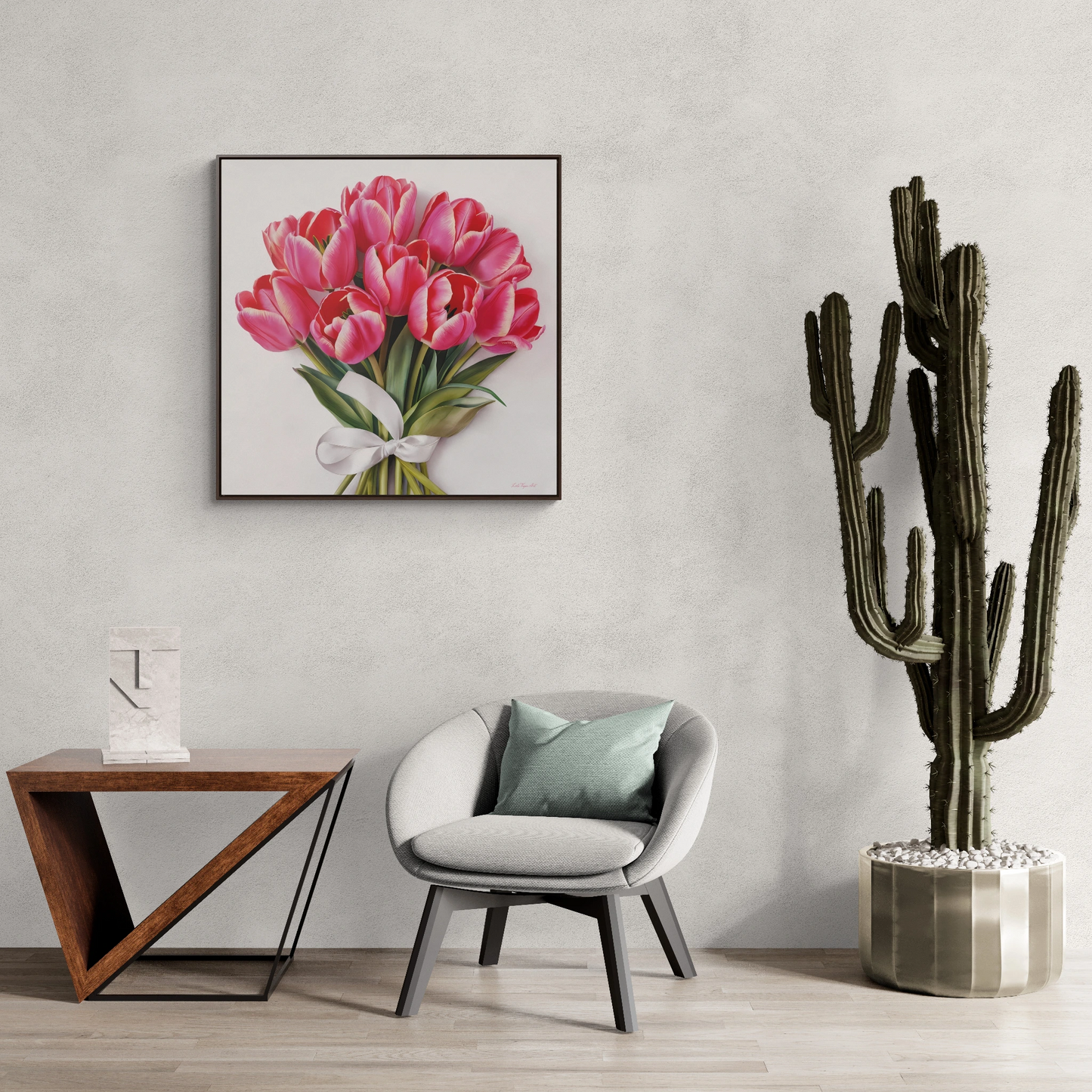 Square Frame Canvas Wall Art, Feminine Pink Tulips Bouquet Gallery Wrap, Home Decor Gift, Floral Print, Living Room Decoration