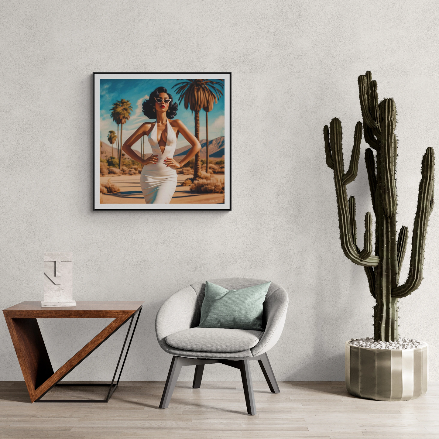 Square Frame Canvas Wall Art, Retro Glamorous Woman in Palm Springs Desert, Square Frame Wall Decor, Gallery Canvas Wraps, Palm Trees Art