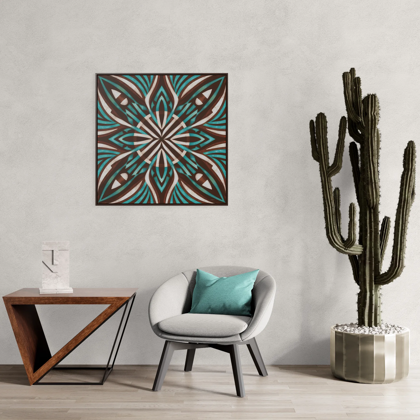 Southwestern Square Canvas Wall Art - Boho Ethnic Home Decor, Turquoise Brown White Frame, Gallery Canvas Wraps