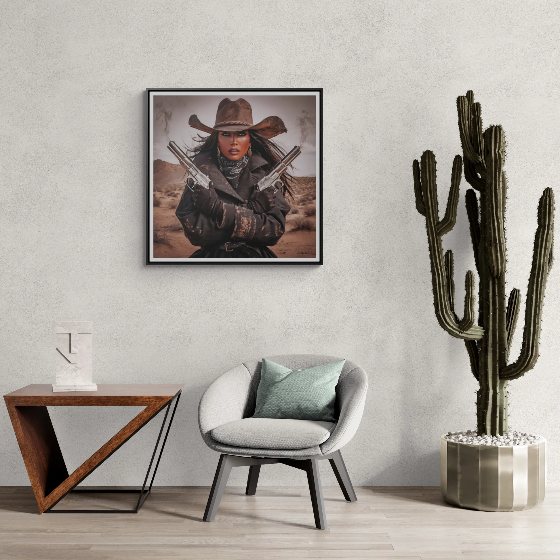 Southwestern Outlaw Queen Square Canvas Wall Art, Female Portrait, Desert Home Decor, Tough Woman in the Desert, Gallery Canvas Wraps, - LOLA VEGAS ART