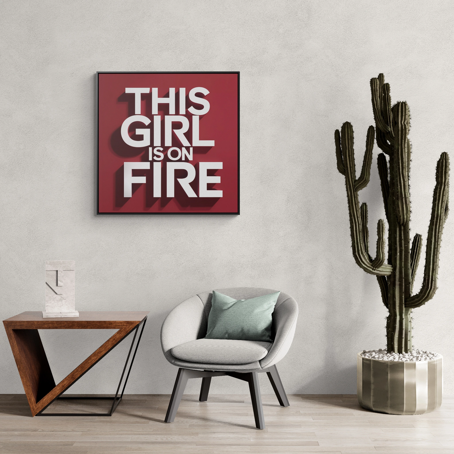 Canvas Wall Art, Female Empowerment Decor, Typography Square Frame, This Girl is on Fire, Trendy Red and White Home Decor, Gallery Wrap