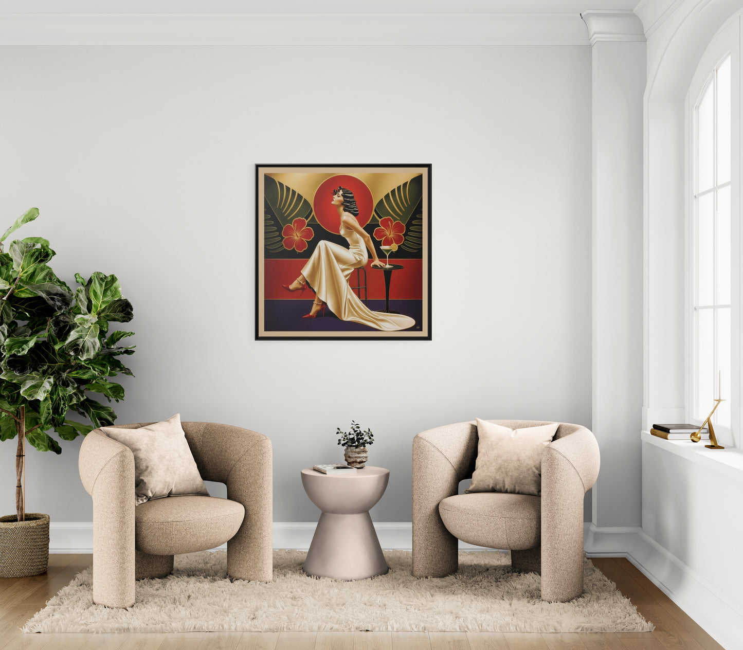 Art Deco Lady Red Green Beige Tropical Canvas Framed Wall Art | Matte Print