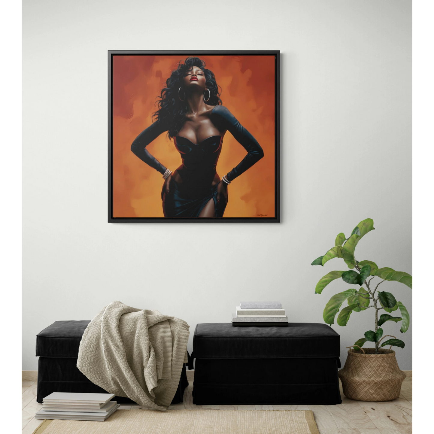 Sun Goddess Square Framed Canvas Wall Art, Orange, Black Girl Magic, African American Art Decor, Ethnic Home Decor, Sexy, Neo Soul, Feminine