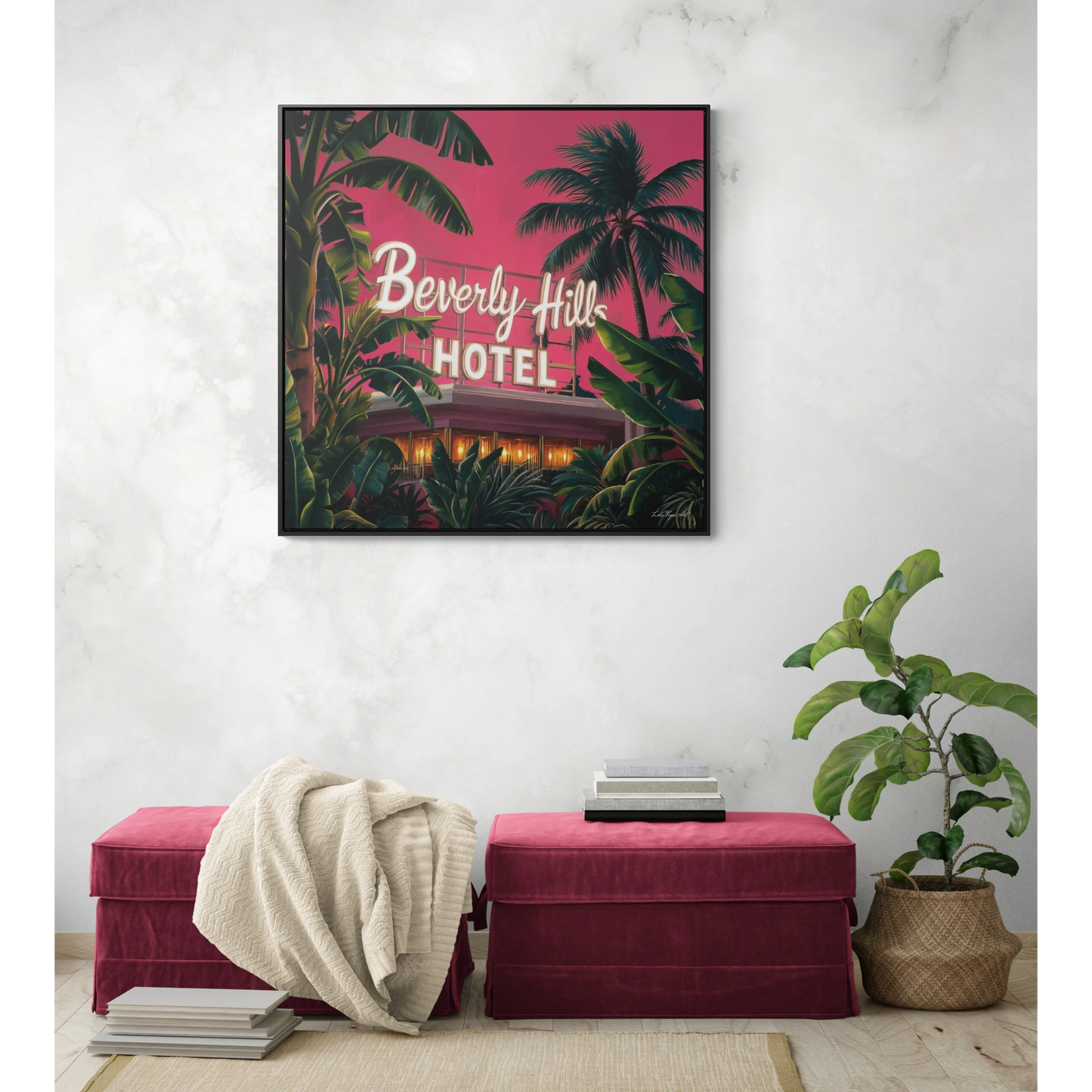 Square Frame Wall Art, Beverly Hills Hotel Retro Sign with Pink Sky and Palm Trees, Canvas Wrap, Home Decor, Gift for Her, Room Decoration