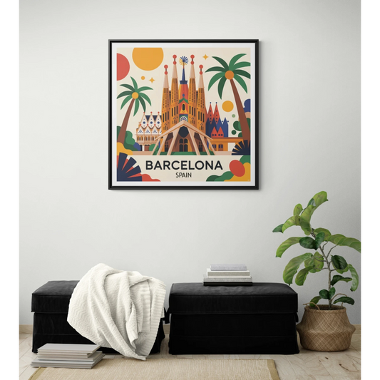 Framed Art Print of Barcelona Spain, Colorful Canvas Wall Decor, Travel Gift, Home Decor, Unique Artwork, Gallery Wall