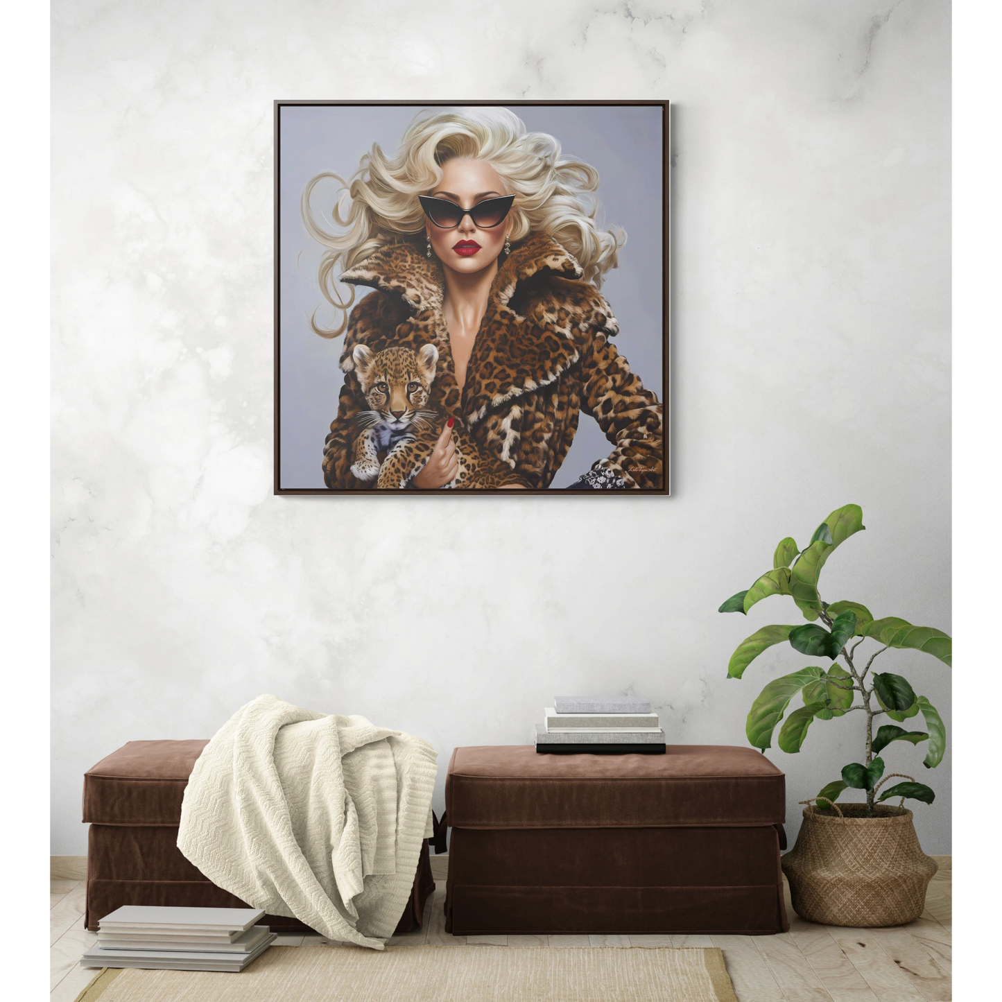 Fashionista Glamour Leopard Woman Square Frame Canvas Wall Art, Fashion Decor, Gift for Her, Leopard Print Wall Decor, Trendy Home Accent