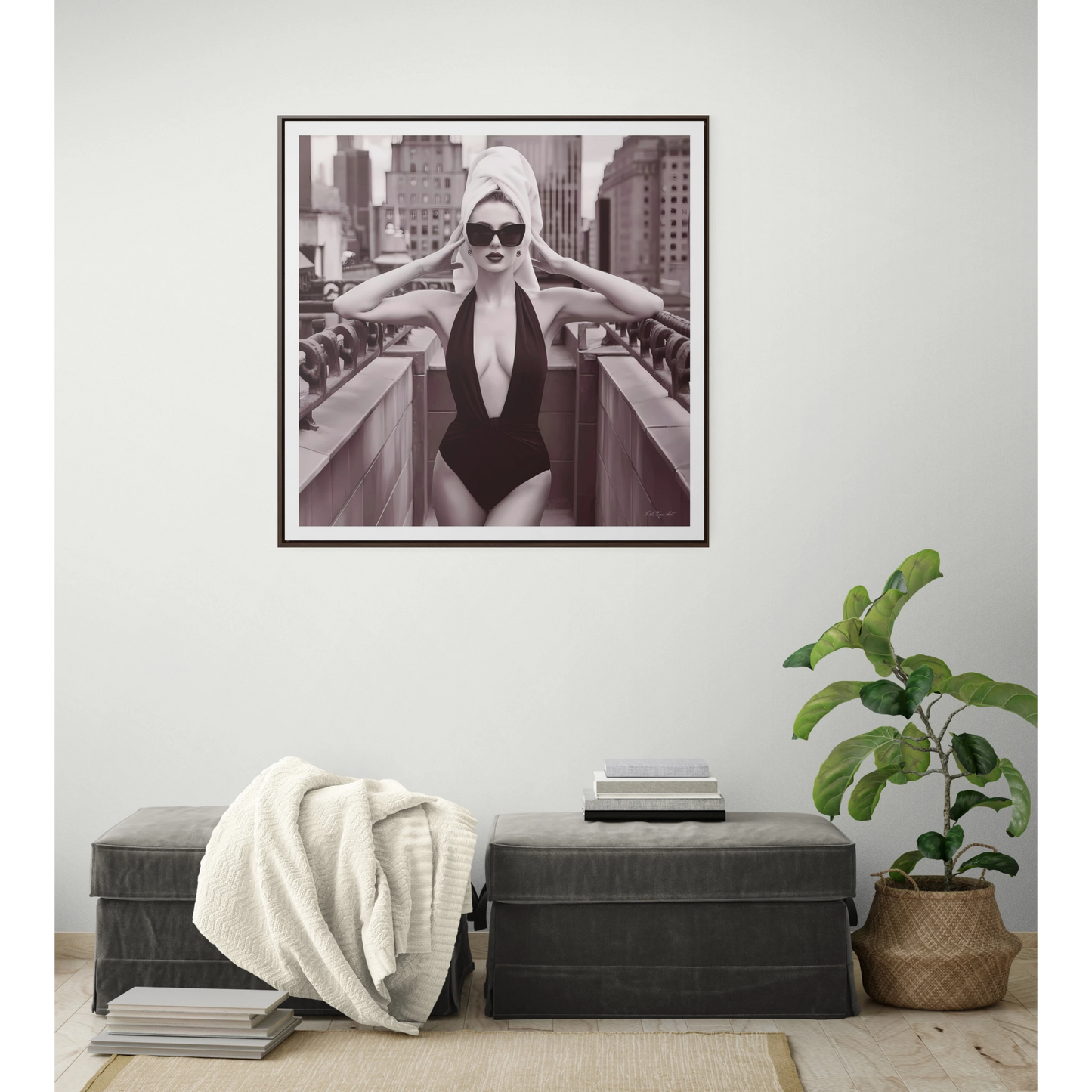 Fashion Model Sepia Art Canvas Wall Wrap, NYC Rooftop Glam Decor, Sexy Swimsuit Square Frame Art, Fashionista Wall Decor, City Chic Home