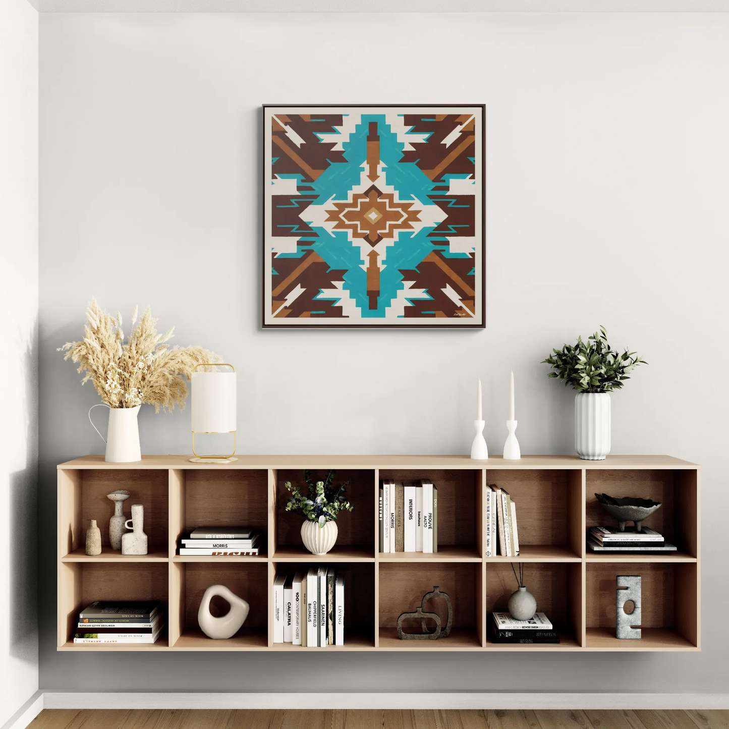 Framed Canvas Art, Native American Boho Wall Decor, Ethnic Home Decoration, Square Frame, Gallery Canvas, Turquoise and Brown Design