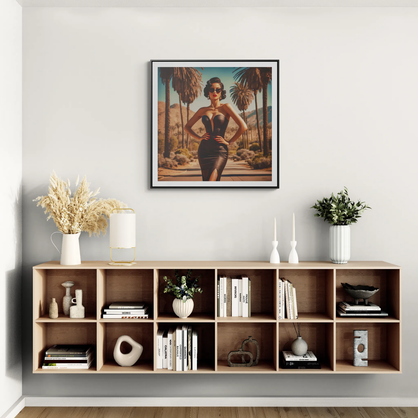 Canvas Wall Art, Glamorous Retro Woman in Palm Springs Square Frame, Fashion Glam Home Decor, Wall Hanging, Gift for Her, Home Office Decor,