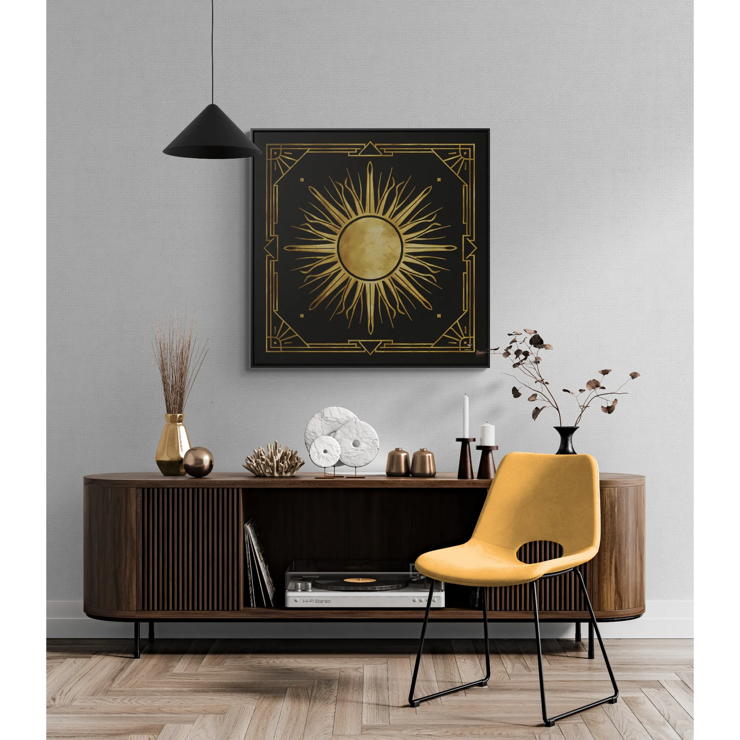 Canvas Wall Art, Black and Distressed Gold Art Deco Sun Square, Framed Decor, Dramatic Retro Style, Home Decoration, Square Frame