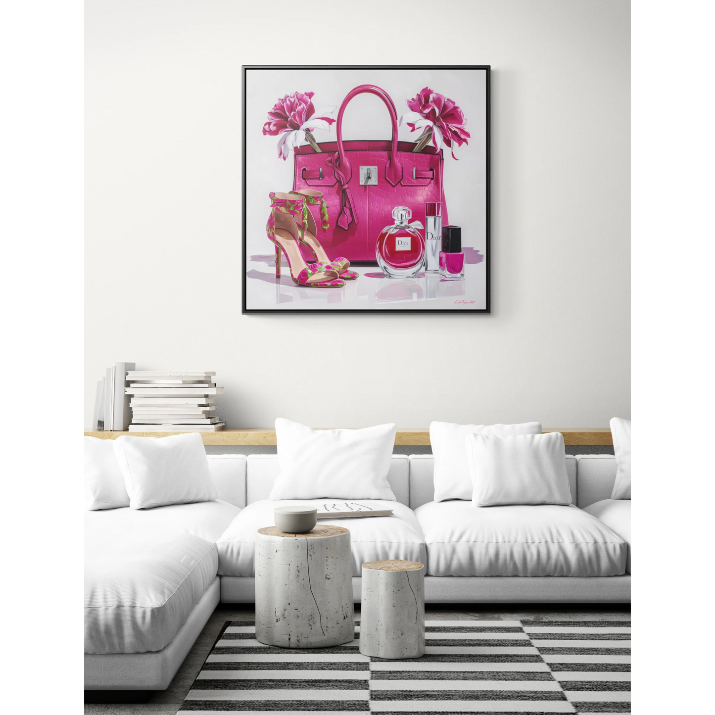 Fashion Square Canvas Wall Art, Pink Designer Handbag Heels Perfume Glam Painting, Gallery Wraps, Fashionista  Room Decor,