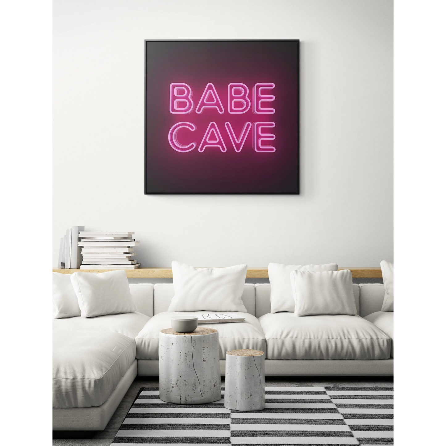 Canvas Wall Art Babe Cave, Feminine Pink Neon Typography Square Framed Decor, Square Frame Wall Hanging, Trendy Gallery Canvas Print, Home