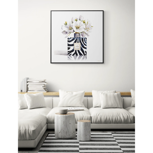 Framed Canvas Wall Art - Watercolor Zebra Perfume Bottle 'ALPHA EMPRESS' with White Flowers Print