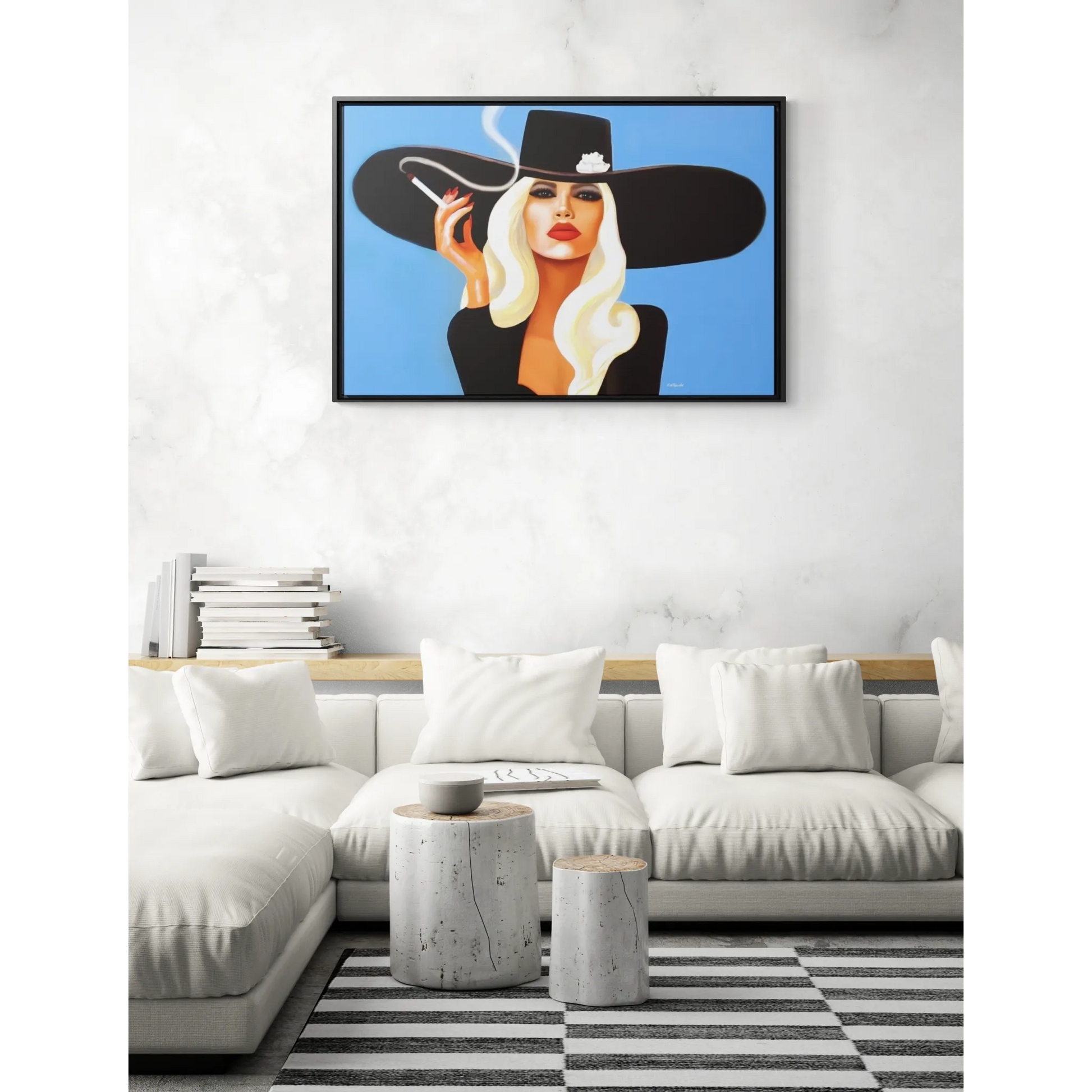 glamorous blonde woman smoking a cigarette in a big black hat framed canvas wall art, wall art living room framed, woman decor, portrait - LOLA VEGAS ART