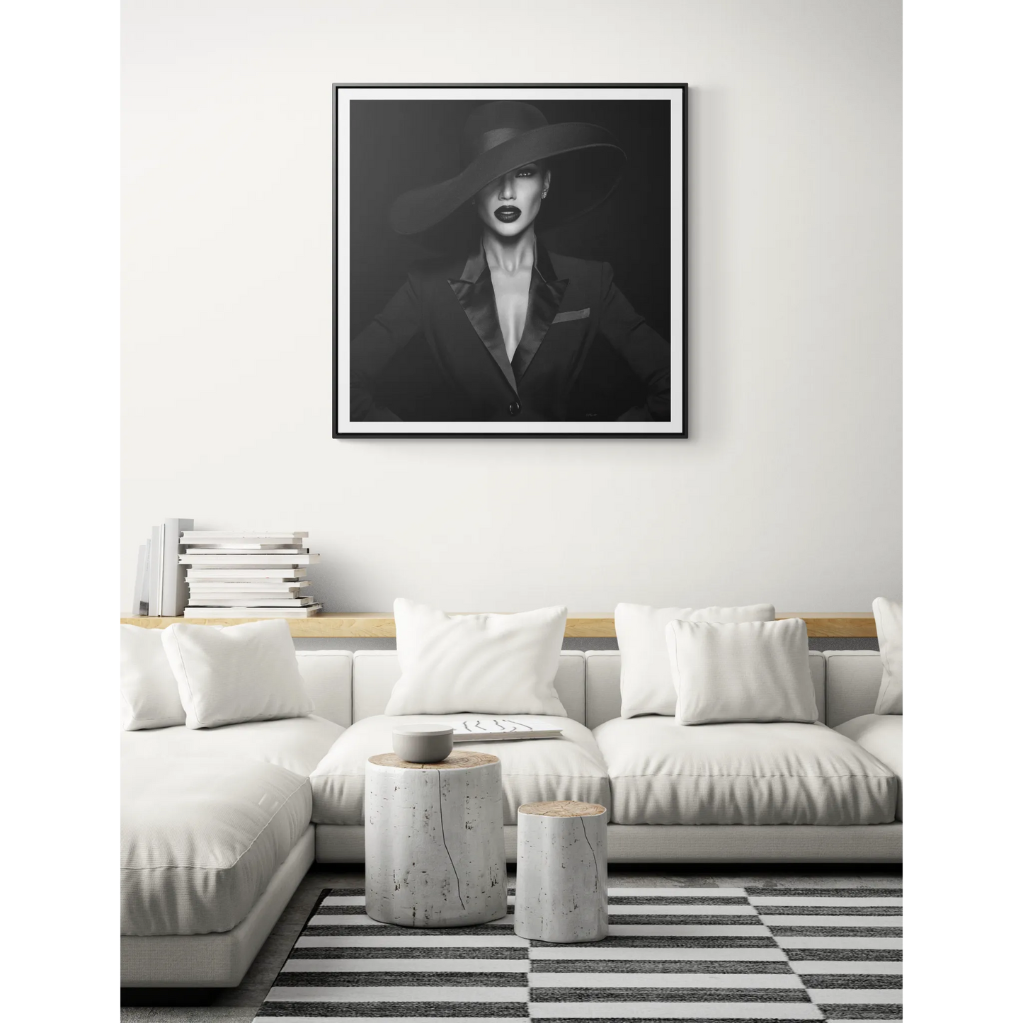 Canvas Wall Art Fashionista, Square Frame Glamorous Woman in Suit Decor, Black and White Dramatic Fedoras, Gallery Wraps, Home Office Decor, - LOLA VEGAS ART