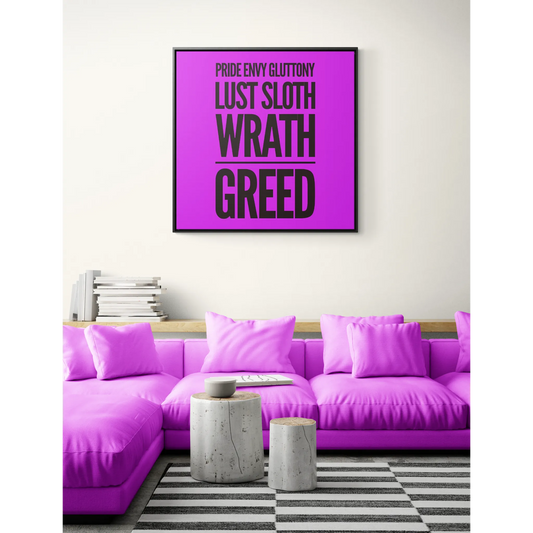 Square Frame Wall Art Canvas, Typography 7 Deadly Sins Magenta Background, Cool Statement Piece, Gallery Canvas Wrap Print, Home Decor