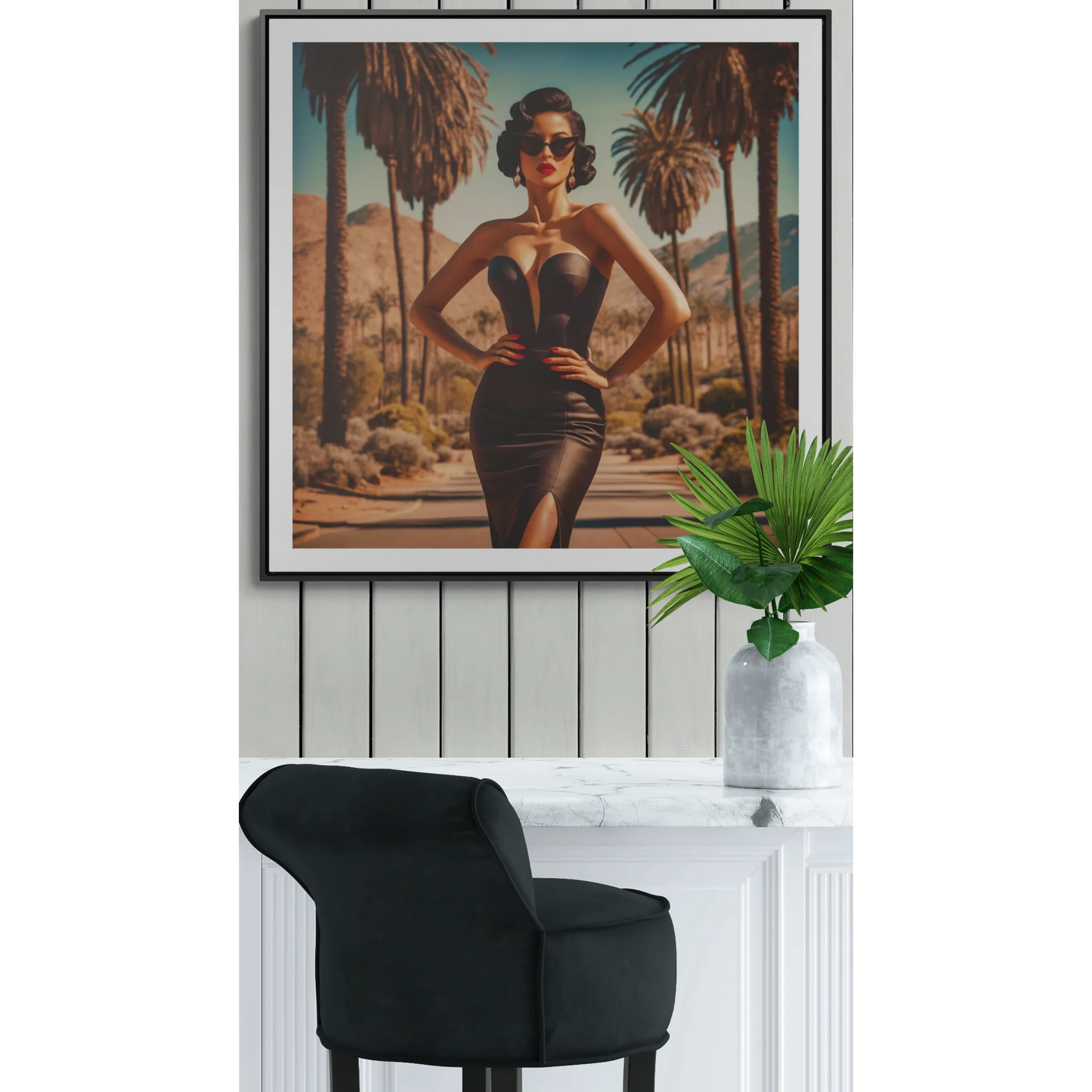 Canvas Wall Art, Glamorous Retro Woman in Palm Springs Square Frame, Fashion Glam Home Decor, Wall Hanging, Gift for Her, Home Office Decor,