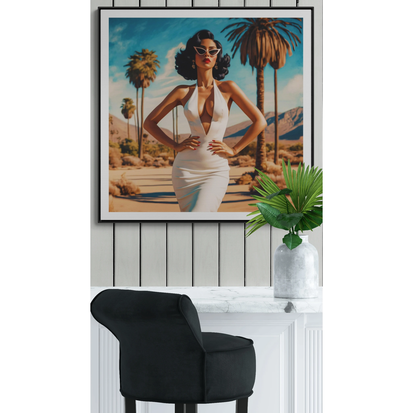 Square Frame Canvas Wall Art, Retro Glamorous Woman in Palm Springs Desert, Square Frame Wall Decor, Gallery Canvas Wraps, Palm Trees Art