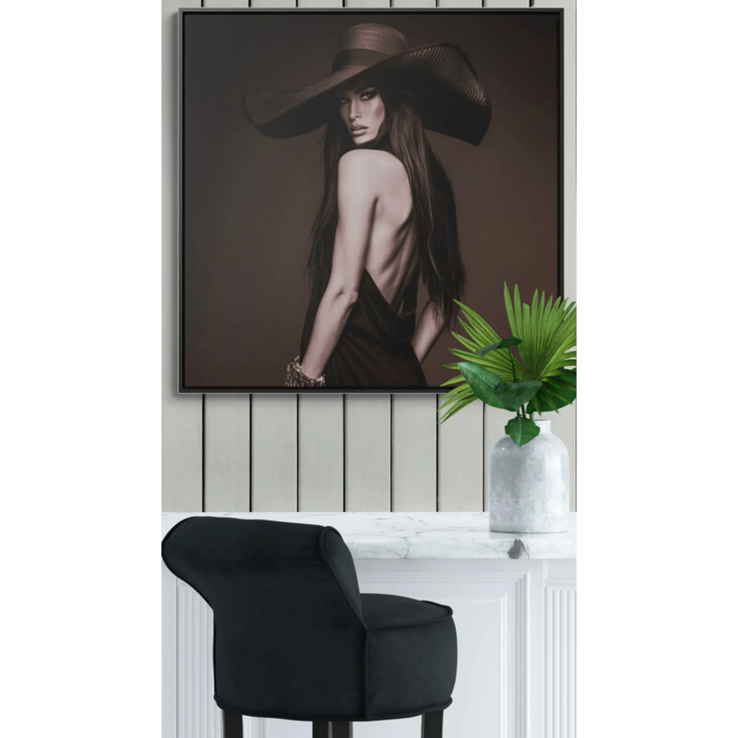 Canvas Wall Art, Sepia Tone Woman with Large Hat, Fashion Photography Decor, Moody Glam Home Decoration, Square Frame Print, Gallery Canvas