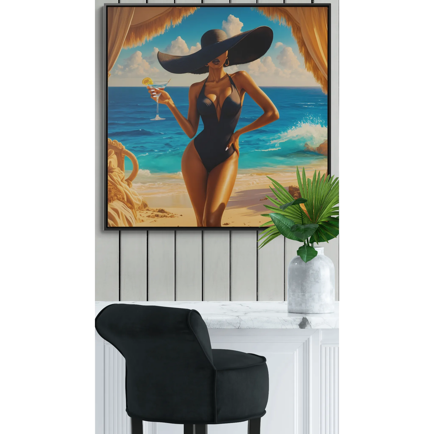 Canvas Wall Art, Woman in Sunhat at Beach with Martini, Home Decor, Square Frame, Vacation, Summer, Ocean View, Tropical Artwork, Beach