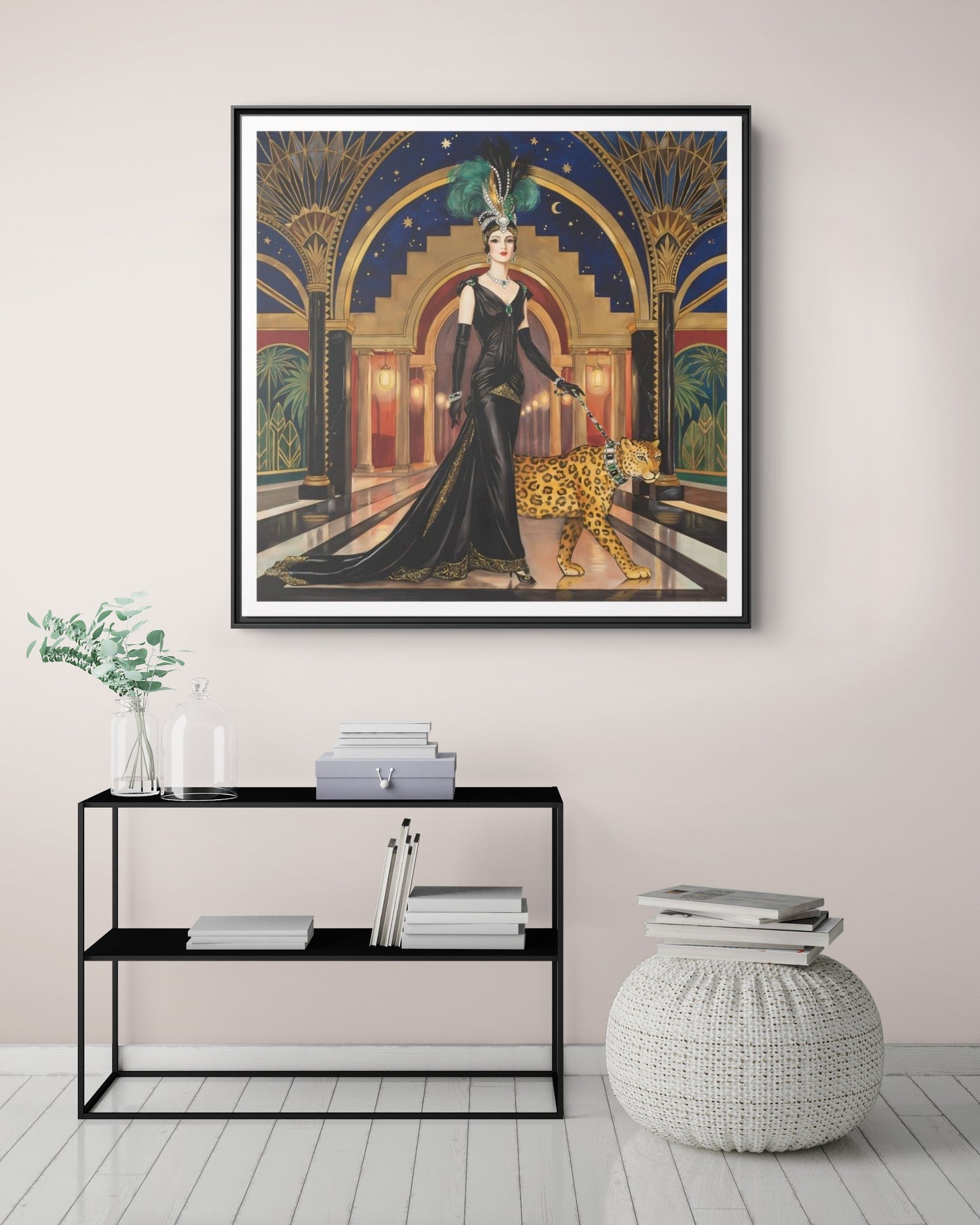 Art Deco Flapper with Leopard Canvas Framed Wall Art | Matte Print