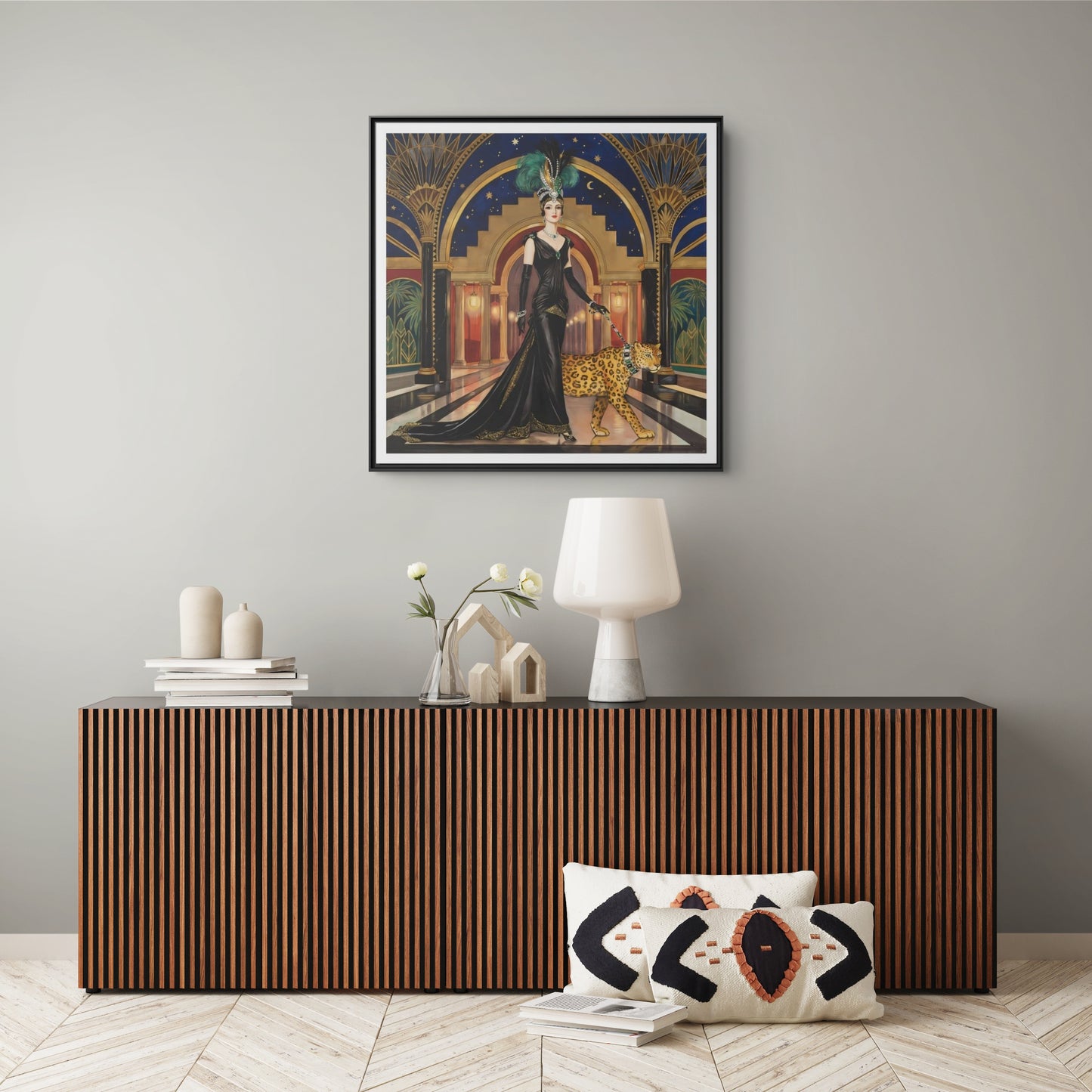 Art Deco Flapper with Leopard Canvas Framed Wall Art | Matte Print