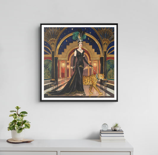 Art Deco Flapper with Leopard Canvas Framed Wall Art | Matte Print