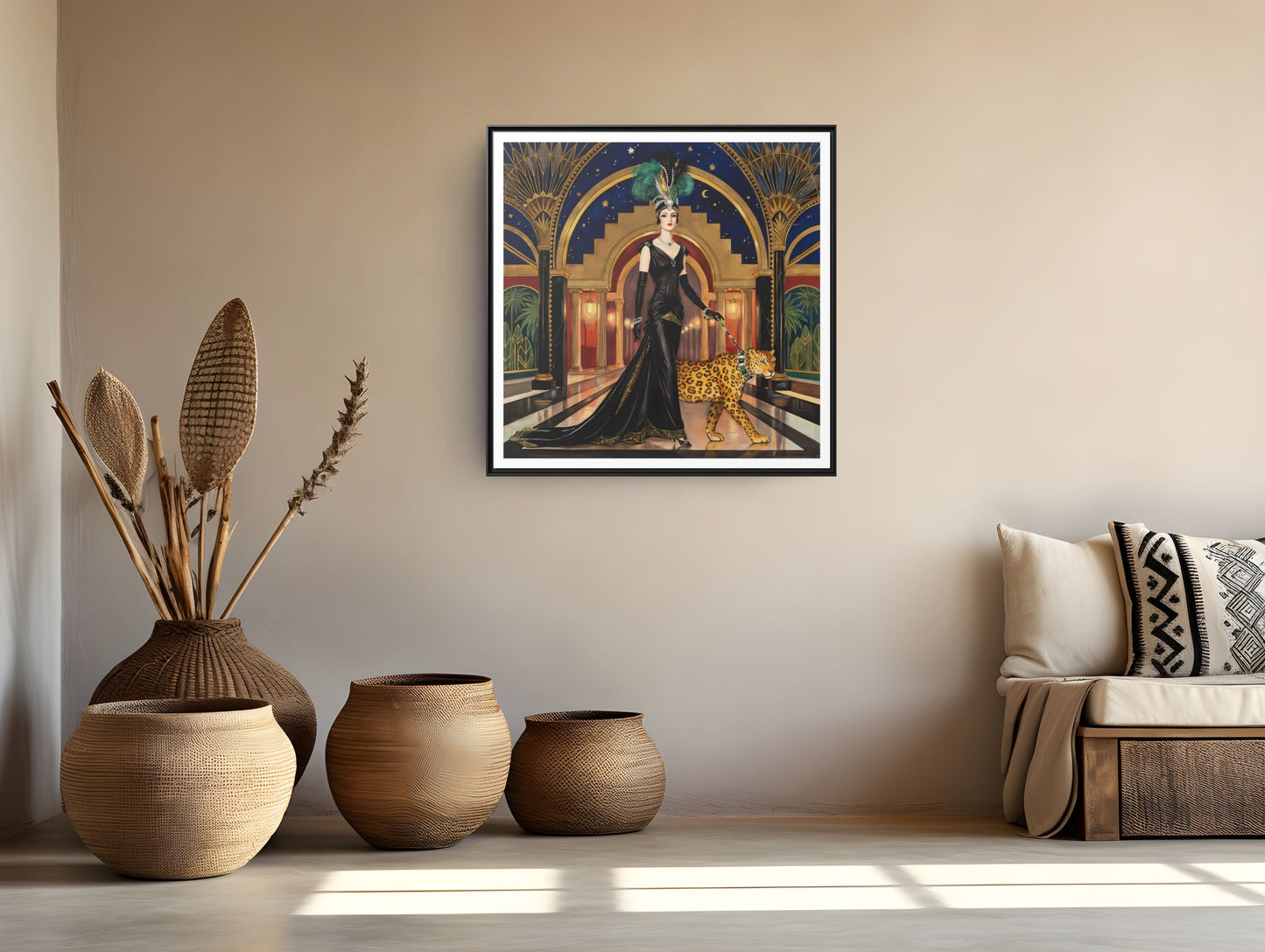 Art Deco Flapper with Leopard Canvas Framed Wall Art | Matte Print