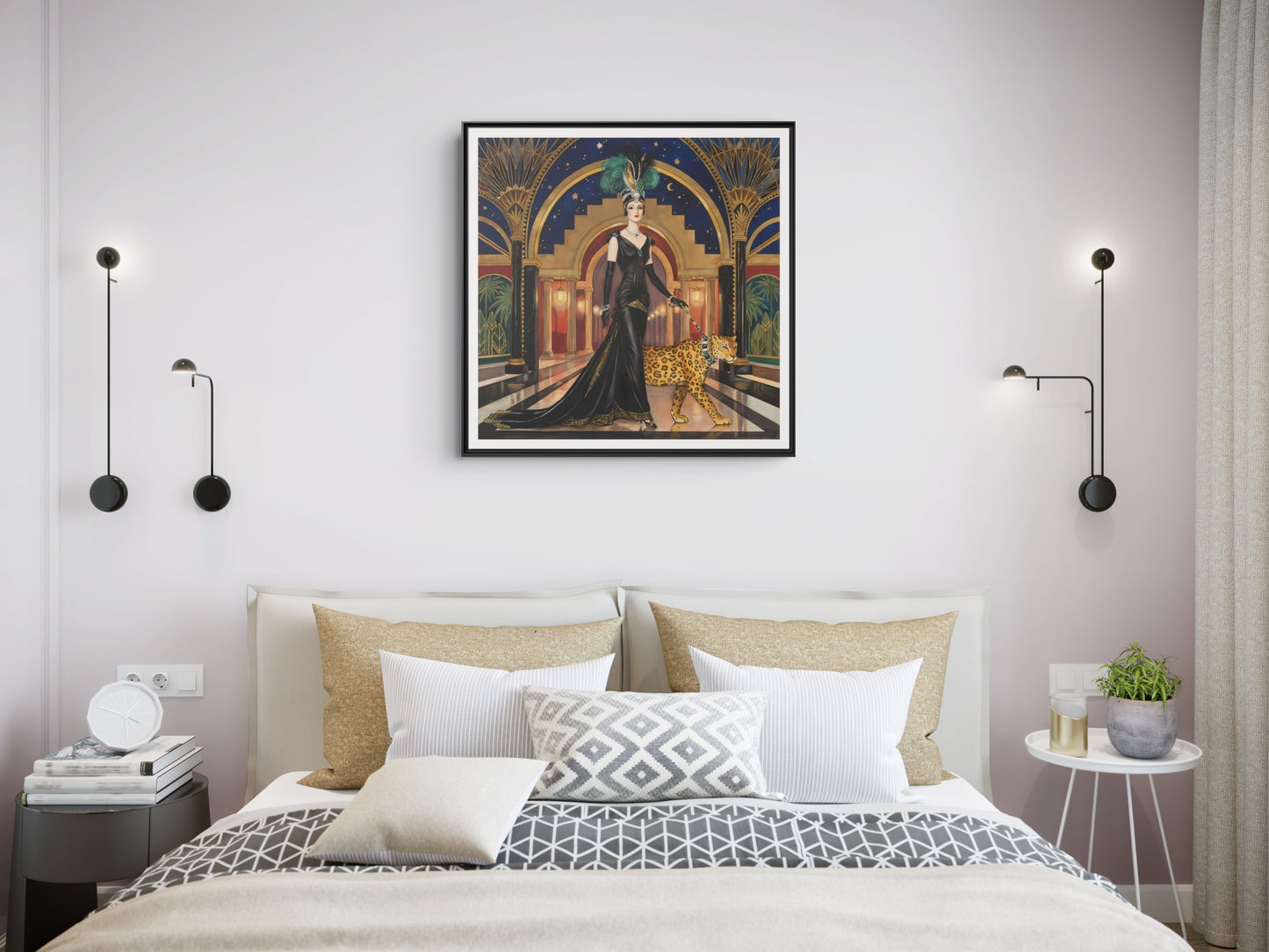 Art Deco Flapper with Leopard Canvas Framed Wall Art | Matte Print