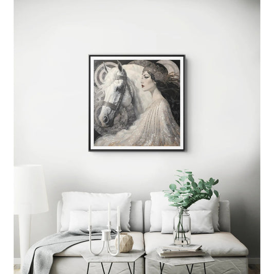 Ethereal Woman with White Horse Matte Canvas Framed Wall Art