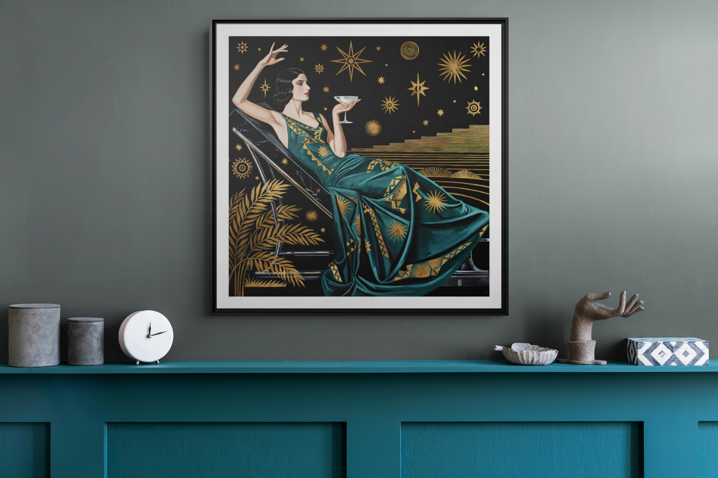 Art Deco Lady with Cocktail Matte Canvas Framed Wall Art