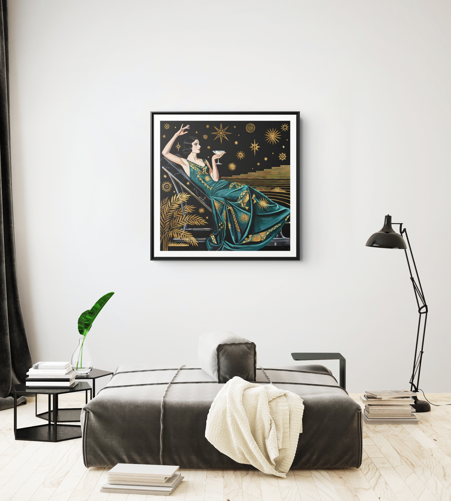 Art Deco Lady with Cocktail Matte Canvas Framed Wall Art