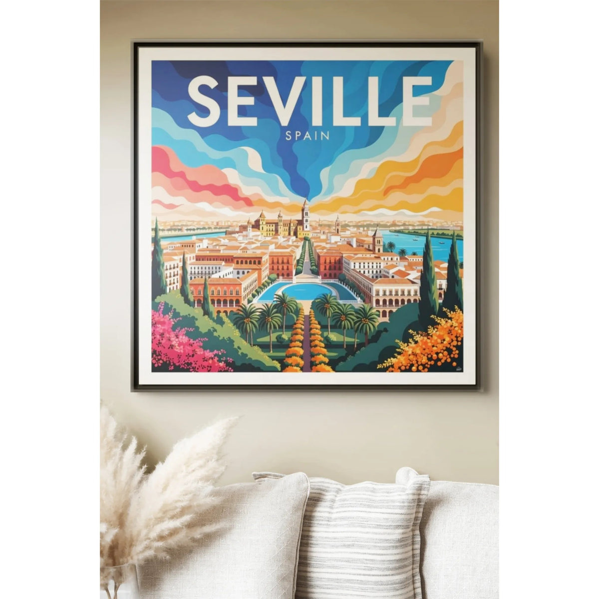 Seville Spain Vintage Travel Framed Canvas Wall Art