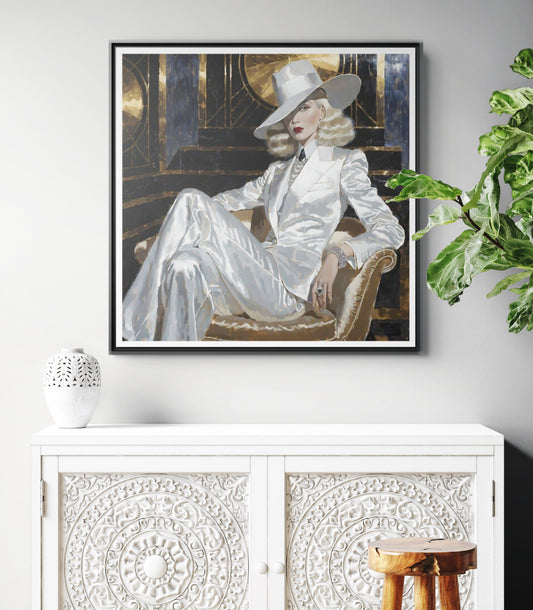 Woman in White Suit Art Print Matte Canvas, Framed | Glamorous Fashion Portrait