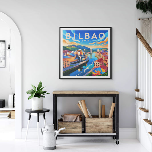 Bilbao Spain travel art Matte Canvas Framed | Bilbao cityscape wall art
