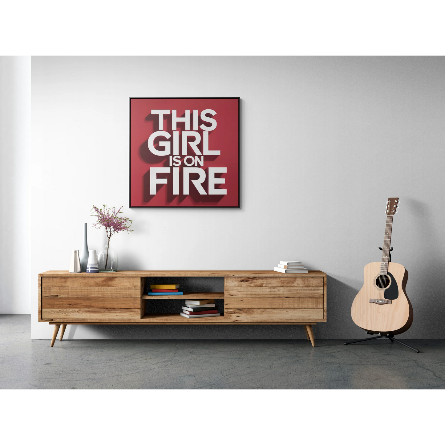 Canvas Wall Art, Female Empowerment Decor, Typography Square Frame, This Girl is on Fire, Trendy Red and White Home Decor, Gallery Wrap