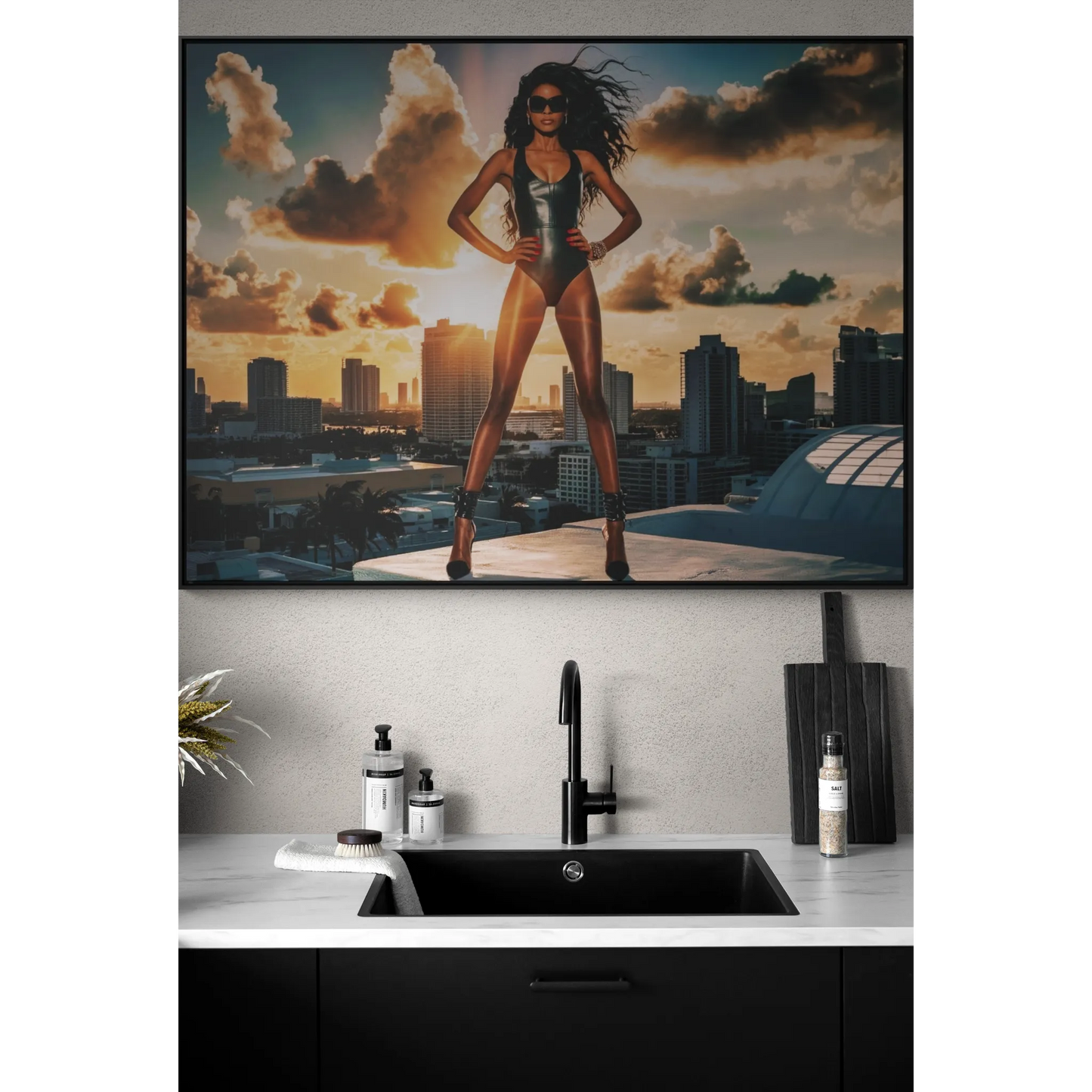 Canvas Wall Art, African American Model in Swimsuit with Miami Skyline, Fashion Decor, Horizontal Frame Home Decor, Gallery Wrap Print