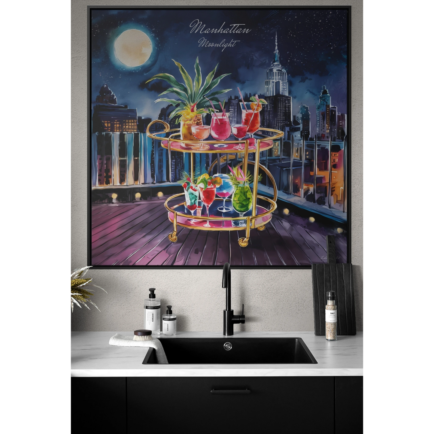 Square Canvas Prints, Rooftop Manhattan Cityscape Wall Art, Bar Cart and Cocktails at Night, Full Moon, Gallery Wrap, Square Frame, Home