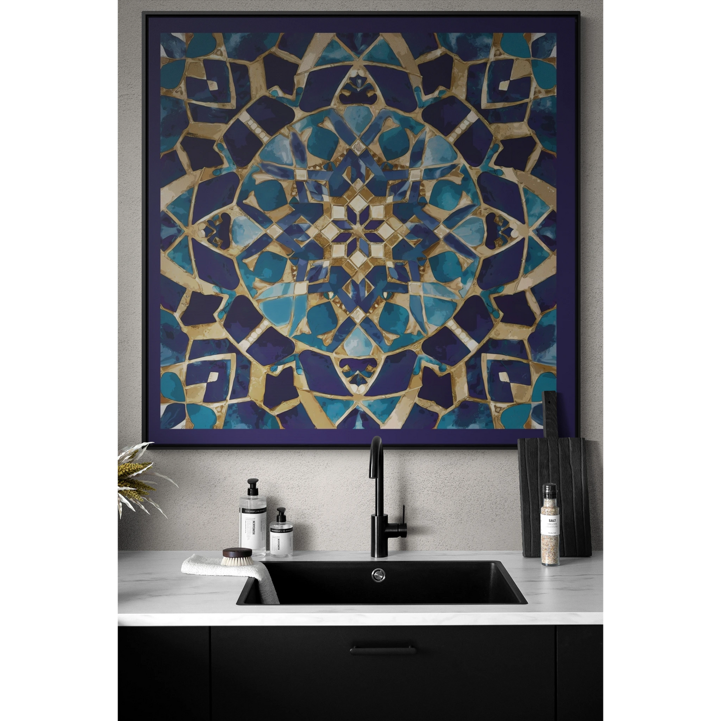 Moroccan Mosaic Canvas Wrap, Ethnic Square Frame Wall Art Painting - Blue and Tan Boho Home Decor, Gallery Artwork, Framed Picture, Living