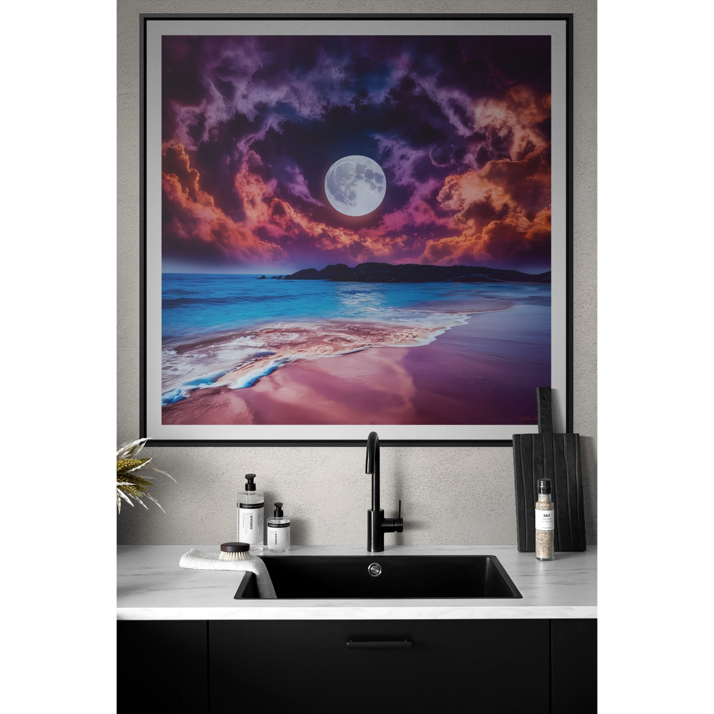 Beach Moon Square Canvas Wall Art, Ocean Night Sky Decor, Gallery Frame Print, Purple Orange Moonlight Photography, Coastal Home Gift