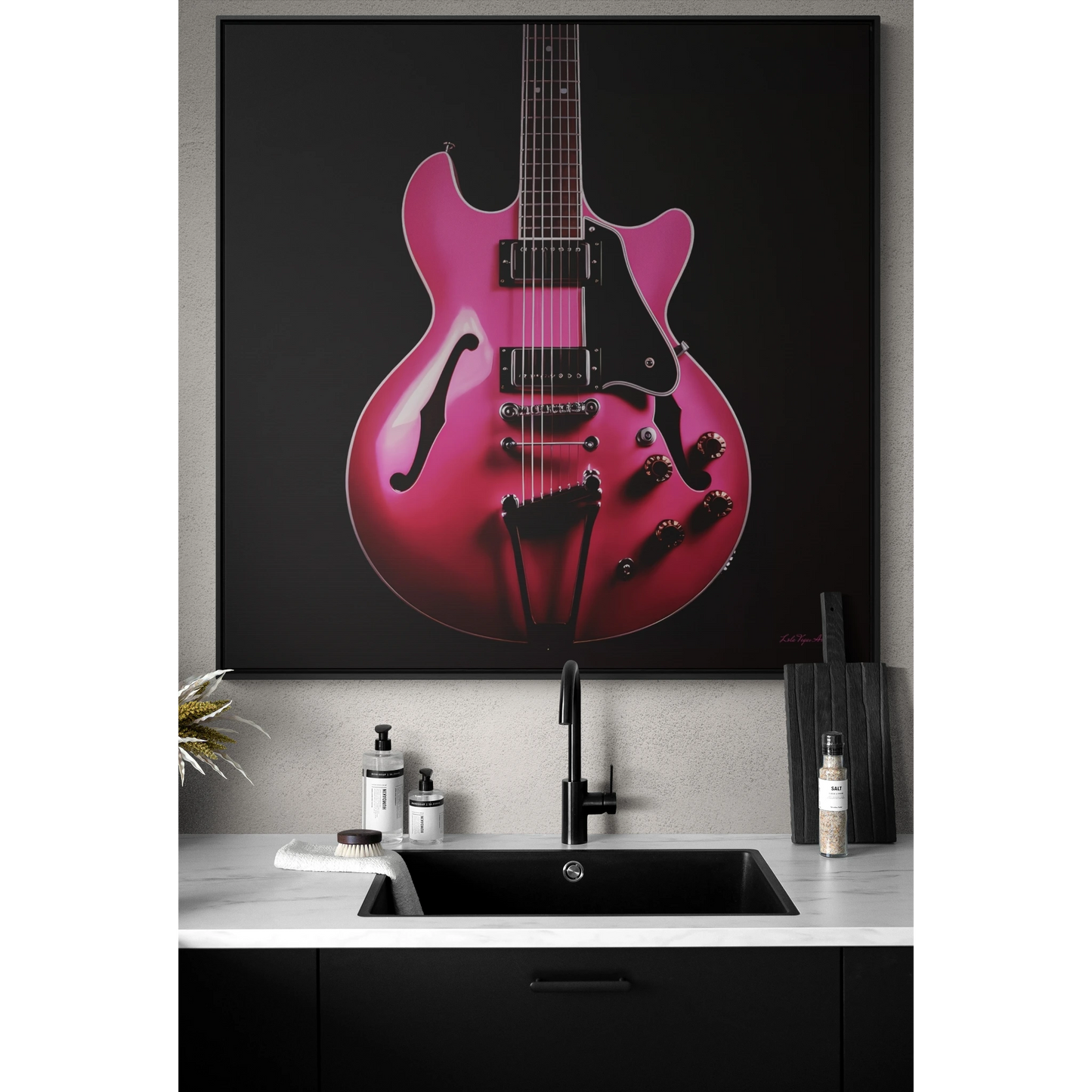 Square Frame Canvas Wall Art, Fine Art Hot Pink Electric Guitar Photography for Guitar Lovers - Hip & Dramatic Decor, Gallery Frames, Music