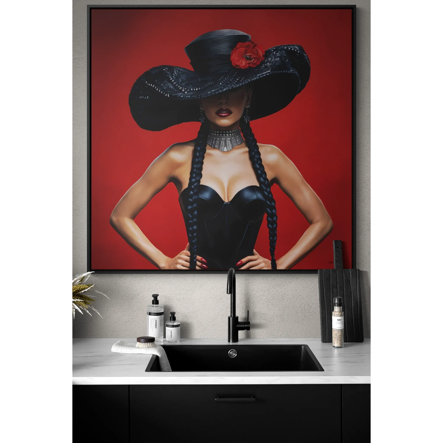 Square Canvas Wall Art, Latina Woman Black Hat Red Flower, Feminine Home Decor, Eclectic Art, Gallery Canvas Wrap, Square Frame