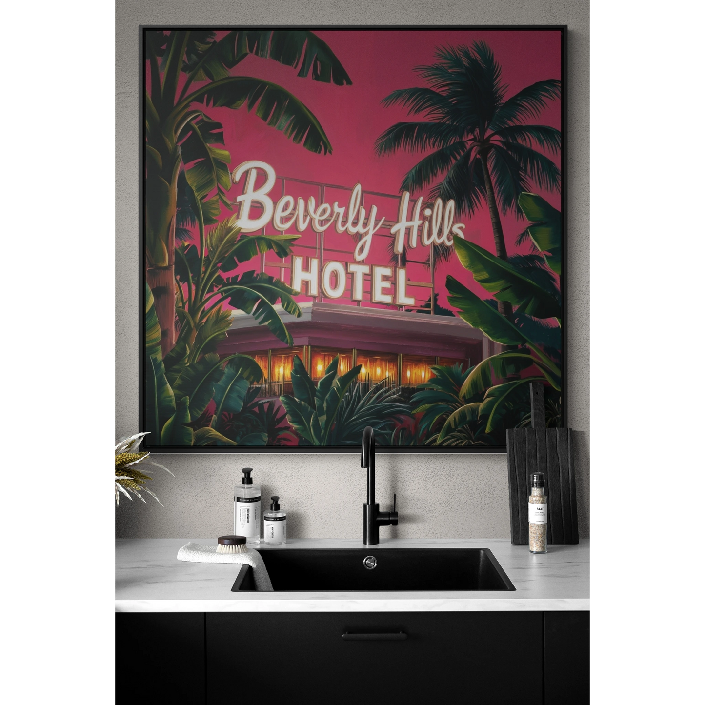 Square Frame Wall Art, Beverly Hills Hotel Retro Sign with Pink Sky and Palm Trees, Canvas Wrap, Home Decor, Gift for Her, Room Decoration