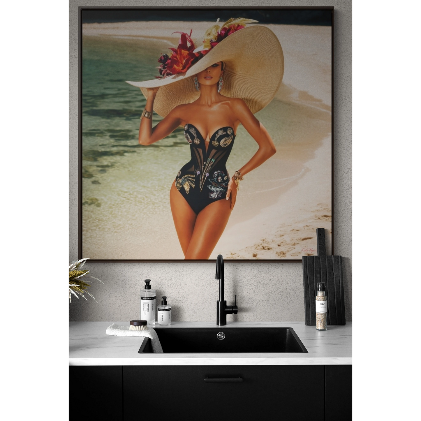 Square Frame Canvas Wall Art, Exotic Woman on Beach in Swimsuit, Retro Glamorous Decor, Gallery Prints, Sunhat Photography, Fine Art Home