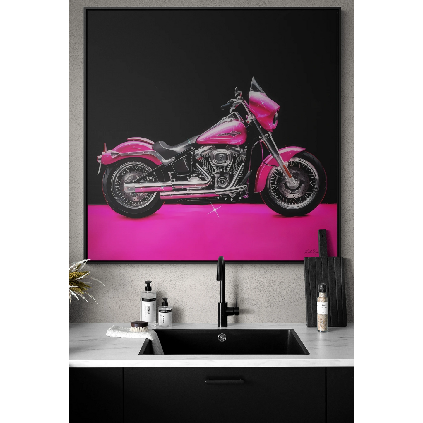 Square Framed Canvas Wall Art, Hot Pink Motorcycle Bling Glamorous Fashionista Decor, Gallery Canvas Wraps, Square Frame, Home Wall Decor,